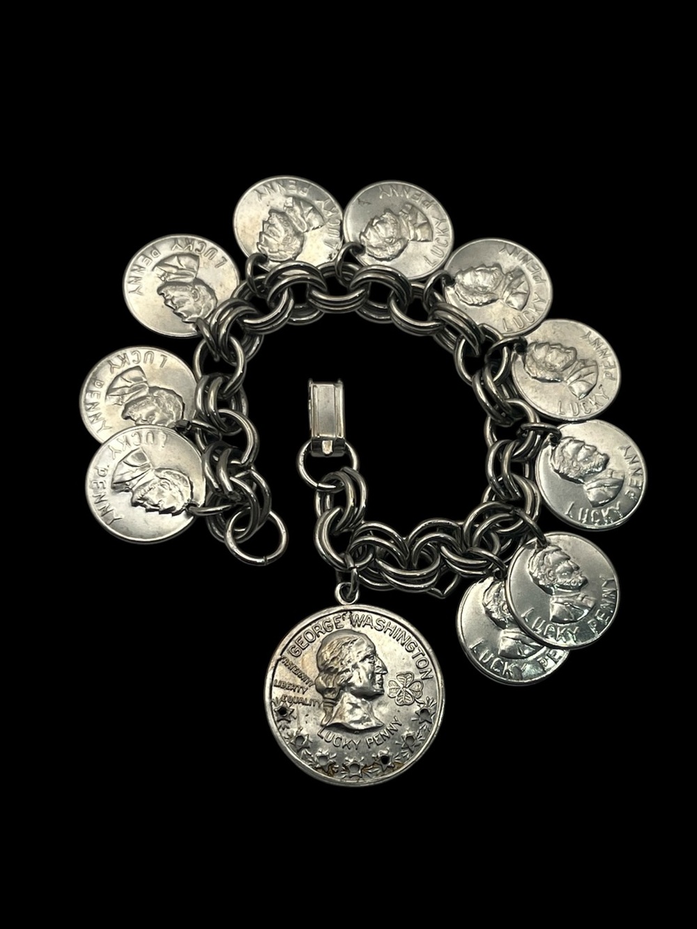 Lucky penny faux coin dangle charm bracelet silver tone faux quarter vintage